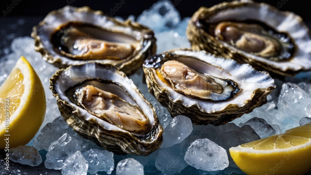 Fresh oysters served on ice with lemon wedges. Fresh oysters served on ice with lemon wedges.
