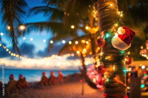 Tropical Christmas lights adorning palm trees at sunset beach photo