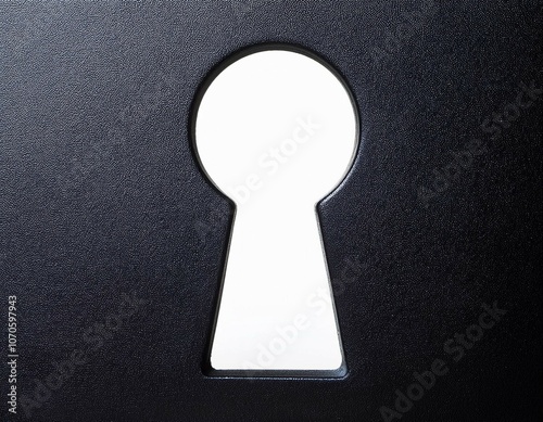 close up of a dark keyhole with white background
