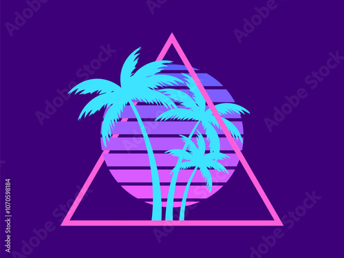 80s retro sci-fi palm trees on a sunset in triangular frame. Retro futuristic sun with palm trees. Synthwave and retrowave style. Design for advertising banners and posters. Vector illustration