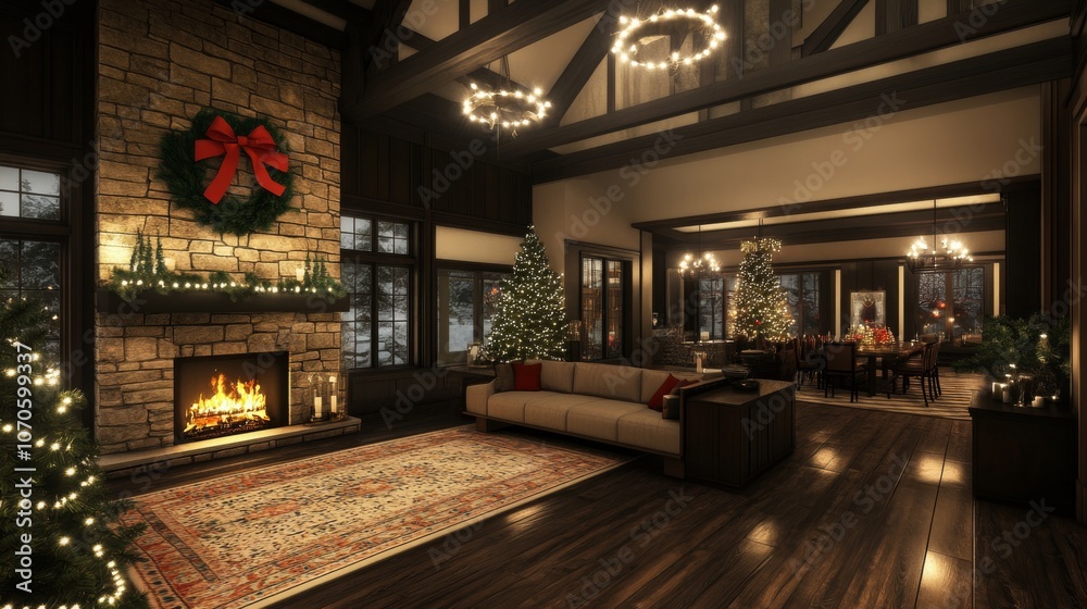 Festive Christmas Living Room with Fireplace and Decorated Trees Festive Christmas Living Room with Fireplace and Decorated Trees