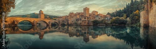 A tranquil view of a medieval village by the river at sunrise in southern France photo