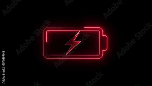 glowing neon symbol of vertical symbol of charging empty battery isolated on black background. glowing battery icon with Lightning bolt symbol. Batter icon illustration image icon .