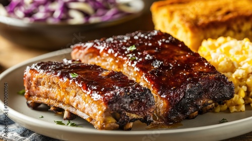 Delicious Barbecue Ribs with Sides on Plate