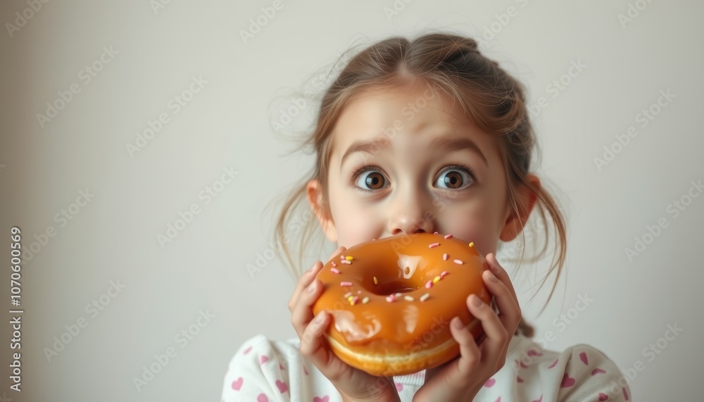 Girl joyfully holds a delicious donut with sprinkles Girl joyfully holds a delicious donut with sprinkles