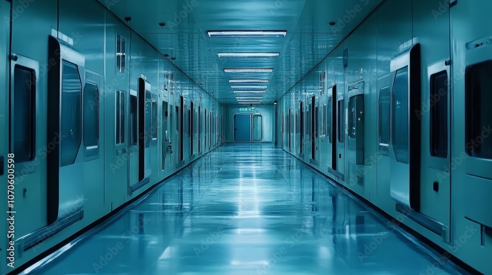 A long, sterile corridor with blue lighting and glass doors, suggesting a high-tech facility. A long, sterile corridor with blue lighting and glass doors, suggesting a high-tech facility.