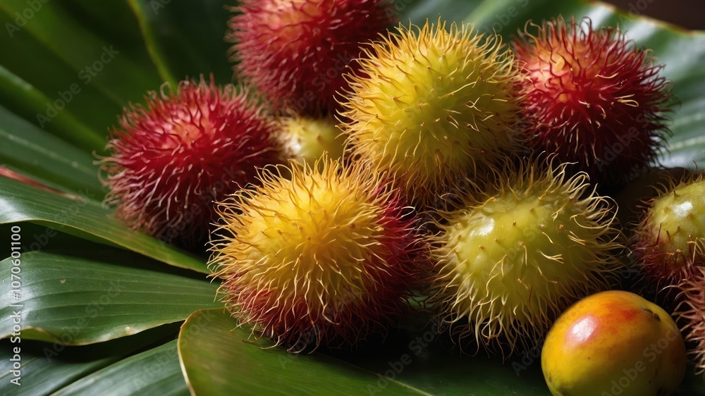 A vibrant display of rambutans on green leaves, showcasing tropical fruits. A vibrant display of rambutans on green leaves, showcasing tropical fruits.