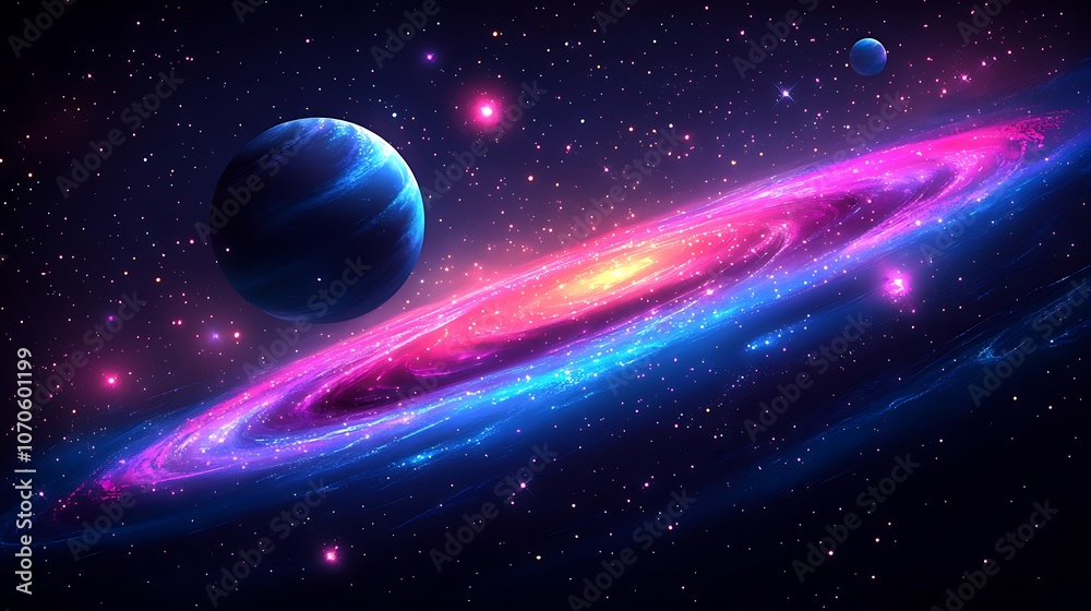 A vibrant, swirling galaxy with a blue planet and bright stars. A vibrant, swirling galaxy with a blue planet and bright stars.