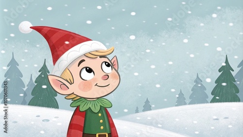 Charming holiday gnome looking at snow photo
