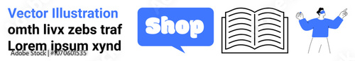 Features a blue speech bubble with the word Shop, an open book, and a person presenting. Ideal for online bookstores, e-commerce, digital content, education, and marketing. Banner for landing page