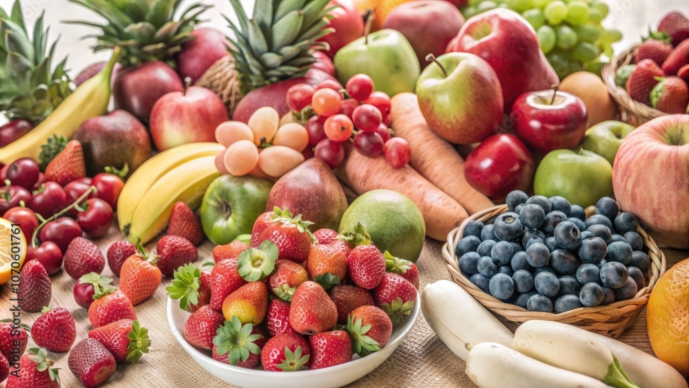 Fresh fruits including strawberries, apples, bananas, and blueberries arranged beautifully on a wooden surface. Fresh fruits including strawberries, apples, bananas, and blueberries arranged beautifully on a wooden surface.