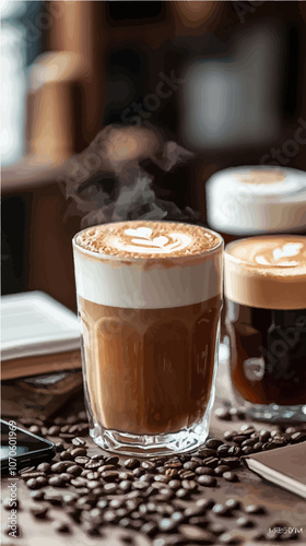 Warm vector illustration of a steaming latte in a cozy, rustic setting with coffee beans scattered, capturing the essence of a relaxing coffee moment.