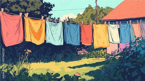 Charming vector illustration of colorful towels hanging on a clothesline in a sunny backyard, capturing a warm, nostalgic feel.