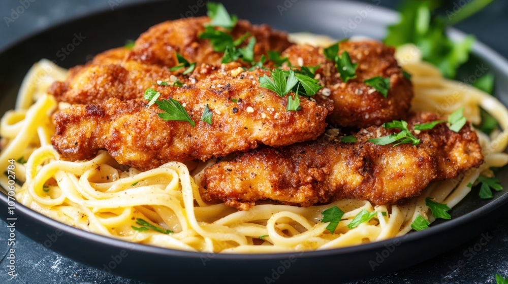 Close-up of golden-brown fried chicken liver atop linguine, garnished with a hint of parsley and pepper, set on a dark and moody background Close-up of golden-brown fried chicken liver atop linguine, garnished with a hint of parsley and pepper, set on a dark and moody background