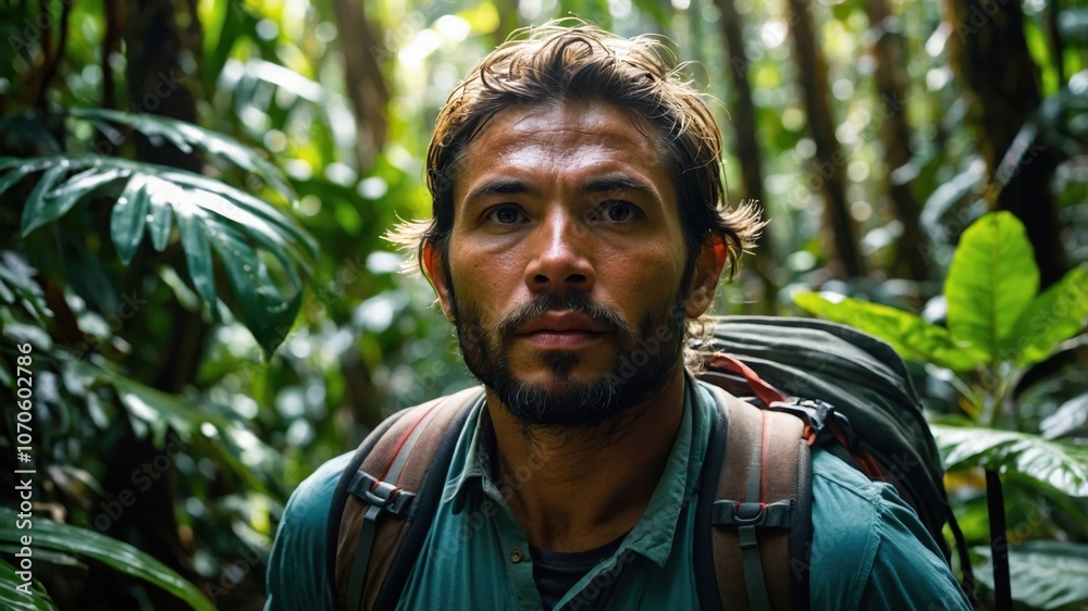 A man is traveling in the forest with a backpack A man is traveling in the forest with a backpack
