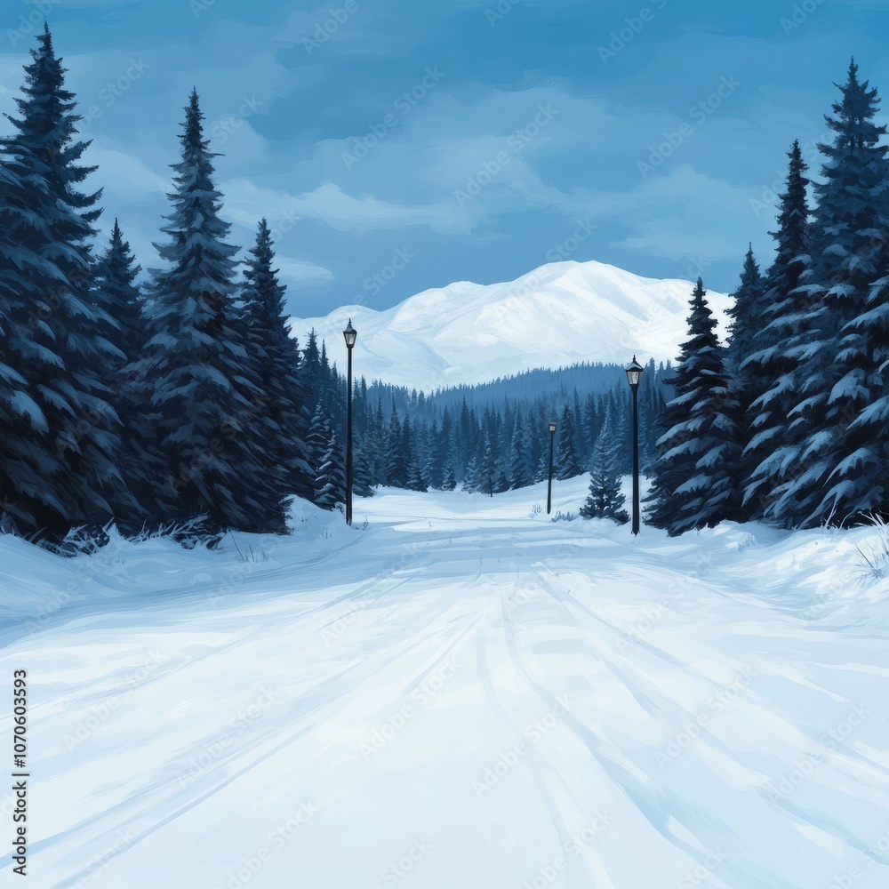 Obraz premium A snowy road winds through a forest, leading to a mountain range in the distance.