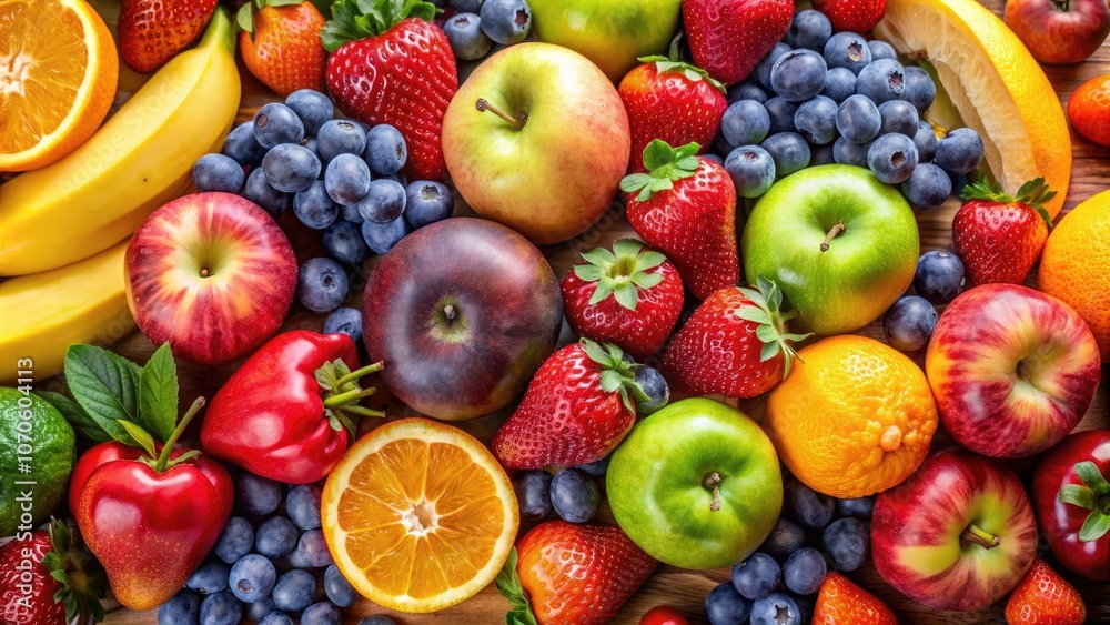 A vibrant arrangement of fruits including apples, bananas, strawberries, blueberries, oranges, and lemons on a wooden surface. A vibrant arrangement of fruits including apples, bananas, strawberries, blueberries, oranges, and lemons on a wooden surface.
