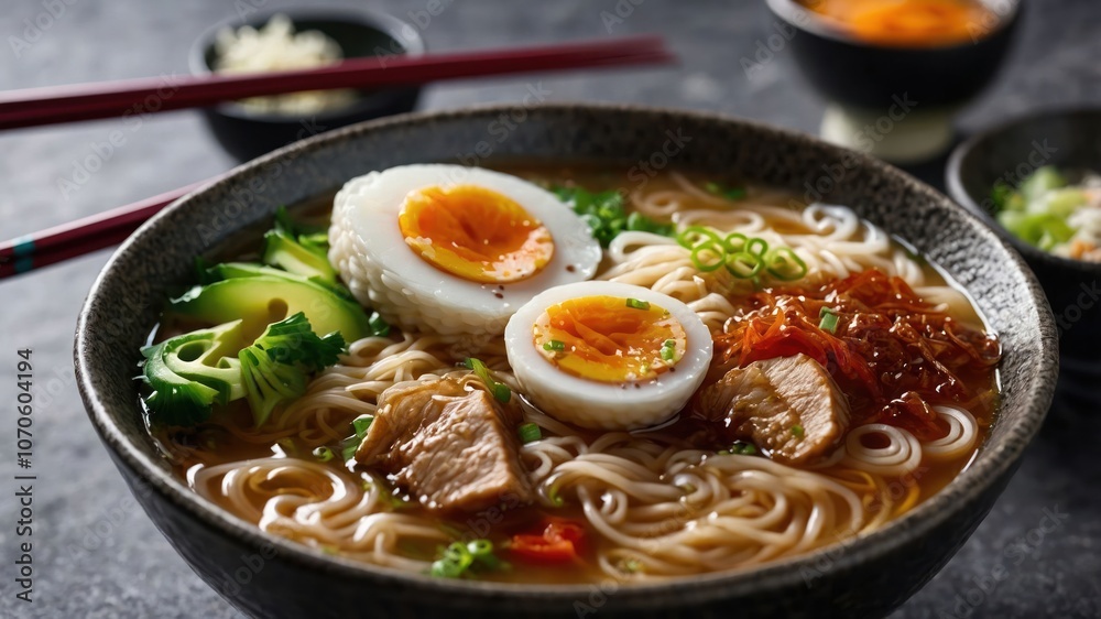 A delicious bowl of ramen with broth, noodles, vegetables, and toppings. A delicious bowl of ramen with broth, noodles, vegetables, and toppings.