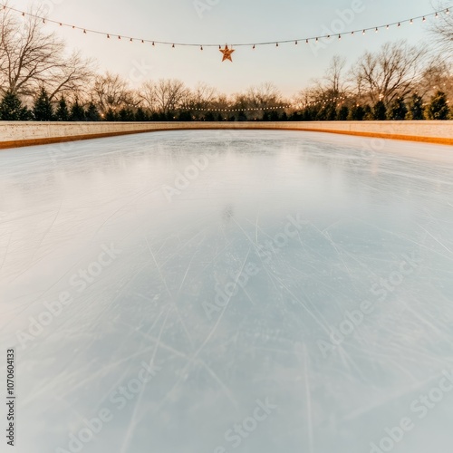 An empty ice skating rink with a star hanging above. photo