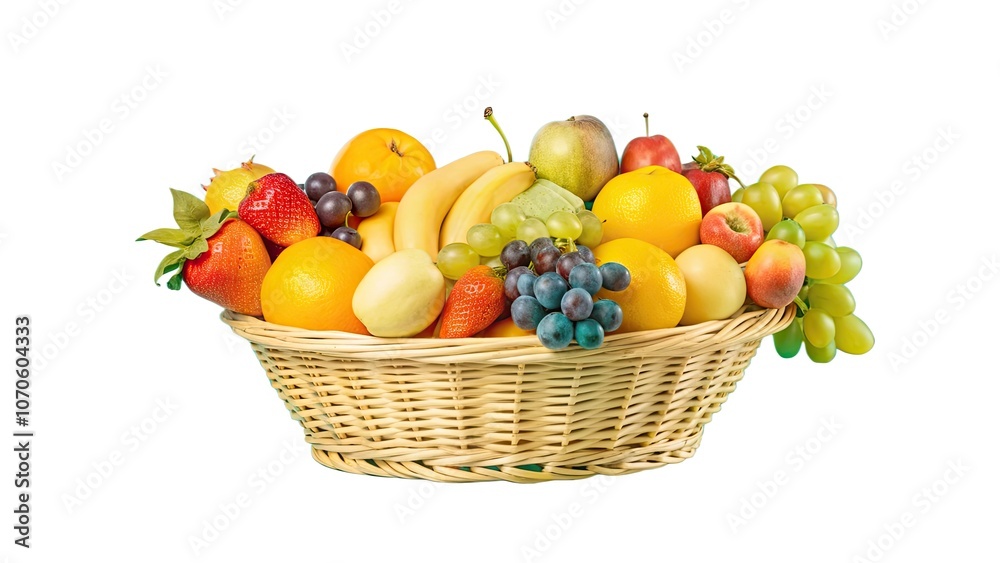 Fresh fruits vitamin and nutritious in a wicker basket against a white isolate background Fresh fruits vitamin and nutritious in a wicker basket against a white isolate background