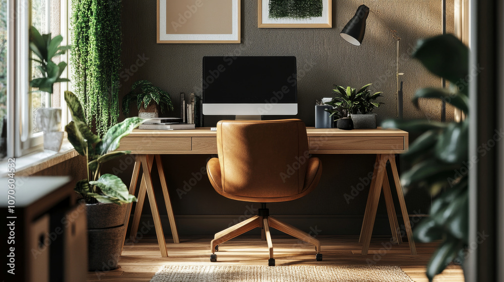 Scandinavian-inspired ergonomic office setup with natural tones, ergonomic desk, supportive chair, and soft lighting Scandinavian-inspired ergonomic office setup with natural tones, ergonomic desk, supportive chair, and soft lighting