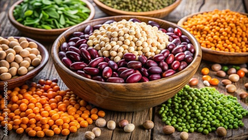 A variety of fresh legumes and beans, showcasing their nutritional value and health benefits for a balanced diet. photo