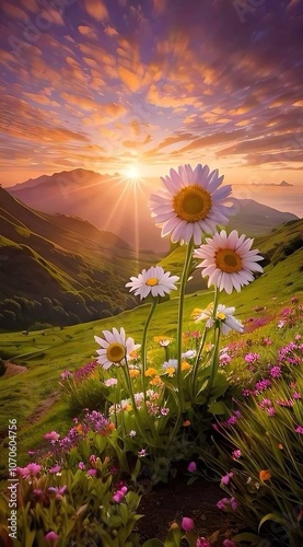 Capture the beauty of nature with floral wallpaper featuring daisies and sunset backdrop