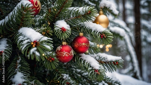 A snow-covered Christmas tree decorated with colorful ornaments stands in a peaceful forest, surrounded by snow, creating a festive winter atmosphere