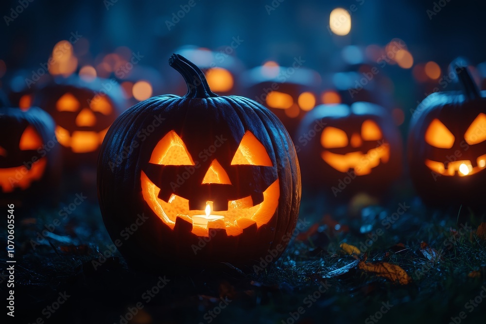 Group of carved pumpkins with candlelight glowing against dark Halloween night background, high-resolution digital photography. Group of carved pumpkins with candlelight glowing against dark Halloween night background, high-resolution digital photography.