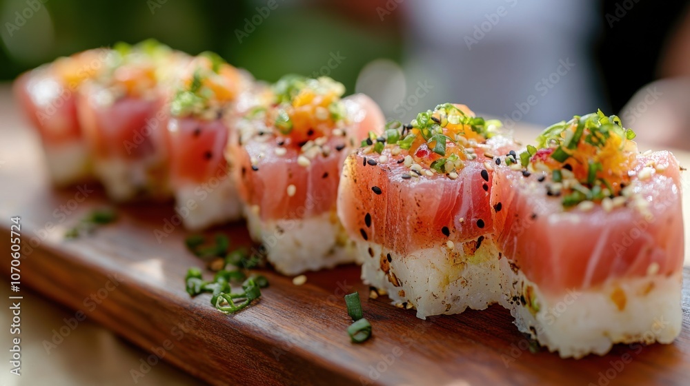 Fresh Sushi Rolls on Wooden Platter Fresh Sushi Rolls on Wooden Platter