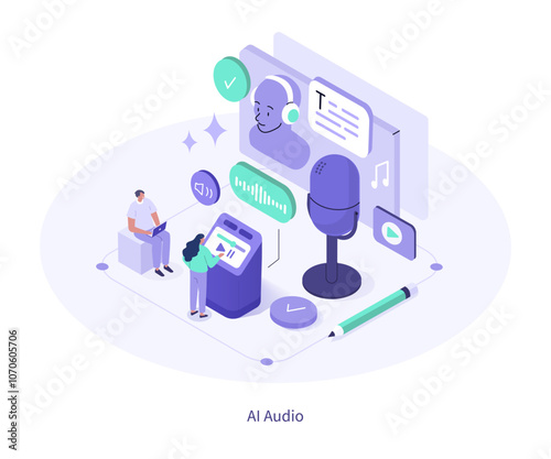AI voice generation concept. Characters using artificial intelligence generative tool to create sound, text to audio, speech voices. Isometric vector illustration.