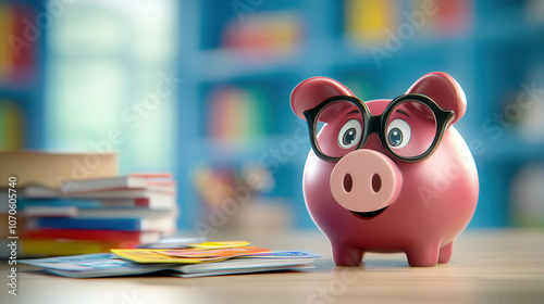 friendly burgundy piggy bank with glasses sits on table surrounded by colorful banknotes and books, symbolizing savings and financial literacy