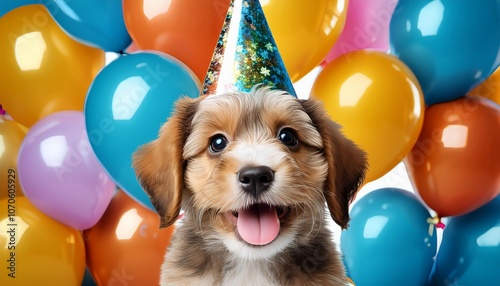 cute scruffy puppy dog wearing a party hat celebrating with colorful birthday balloons