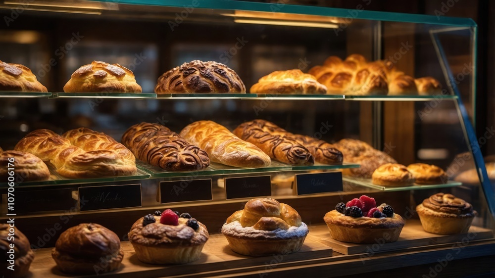 A display of assorted pastries and baked goods in a bakery showcase. A display of assorted pastries and baked goods in a bakery showcase.