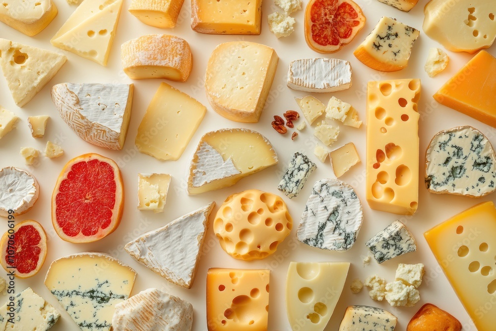 Assortment of Cheeses and Grapefruit Slices on White Background Assortment of Cheeses and Grapefruit Slices on White Background