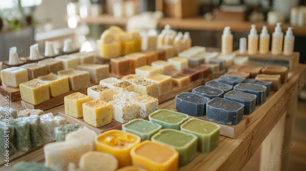 Fototapeta premium Small-batch artisanal soap-making workshop, filled with natural ingredients, molds, and finished handmade soaps displayed neatly