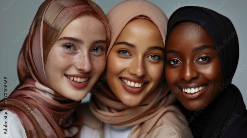 Four joyful women in hijabs posing against a studio background. Concept of faith and community Four joyful women in hijabs posing against a studio background. Concept of faith and community