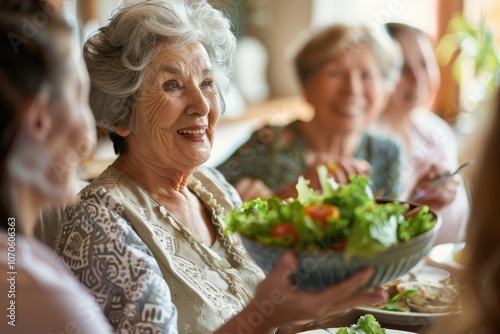 Serving salad and lunch at a joyful brunch gathering, where friends reconnect and share laughter while enjoying a plant-based meal together photo