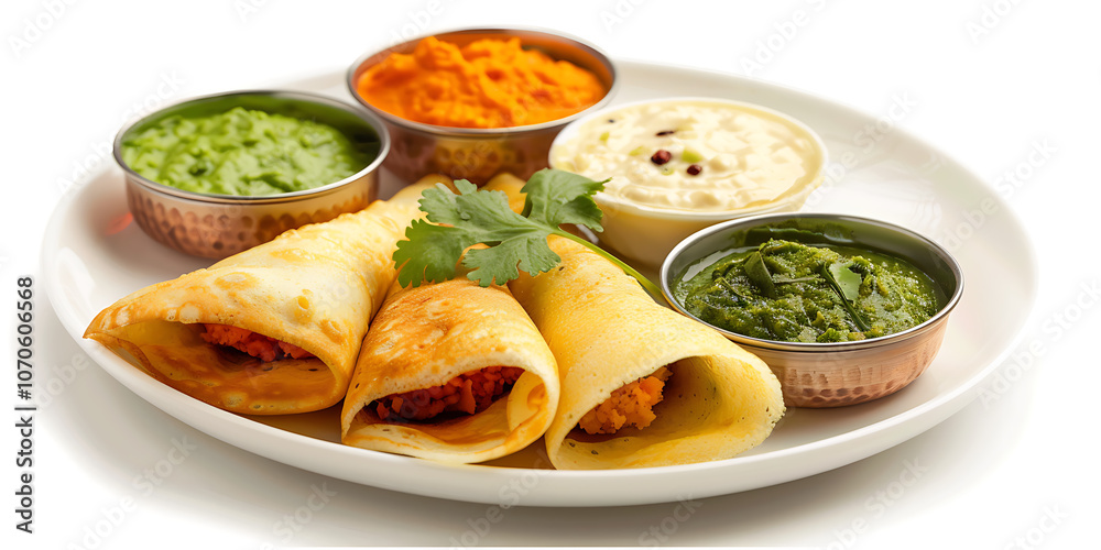 Traditional Indian Dosas on a Plate Served with a Variety of Flavorful Dips - A Colorful Array of Textures and Spices in Every Bite Traditional Indian Dosas on a Plate Served with a Variety of Flavorful Dips - A Colorful Array of Textures and Spices in Every Bite