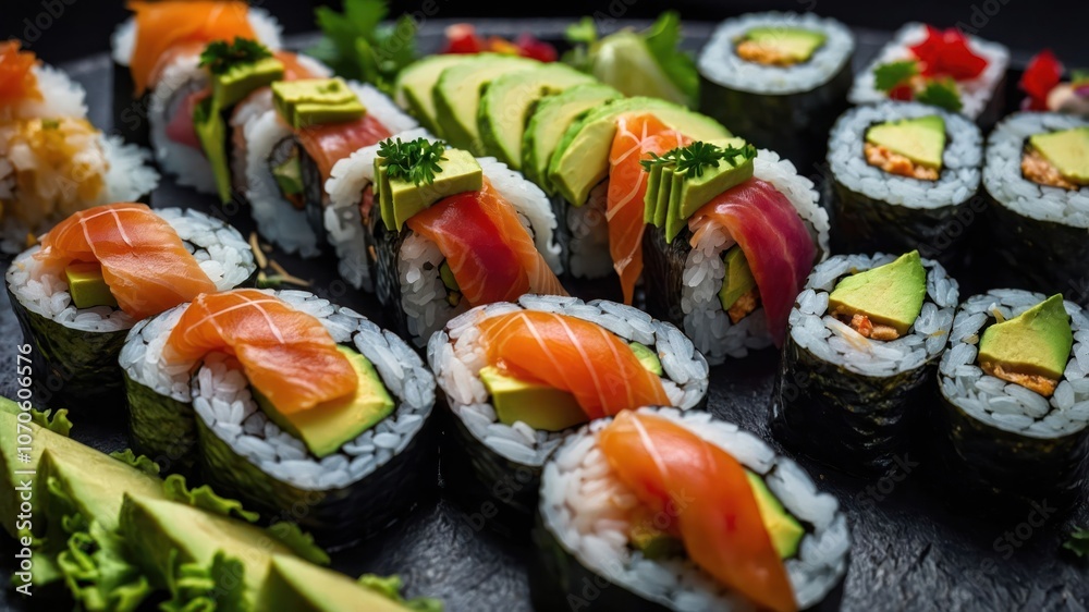 A vibrant assortment of sushi rolls arranged on a black platter. A vibrant assortment of sushi rolls arranged on a black platter.