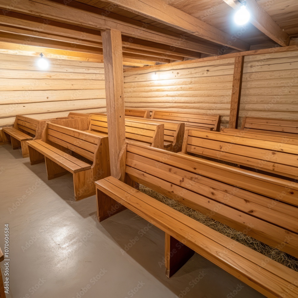 Wooden pews in a rustic, barn-like setting, with hay on the floor and exposed beams. Wooden pews in a rustic, barn-like setting, with hay on the floor and exposed beams.