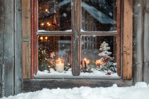 Cozy Winter Scene. Snow and a Candlelit Window, Embracing the Serenity of Season. Warm, inviting window view with Christmas lights. Snowflakes and flickering candles, perfect for winter imagery. photo