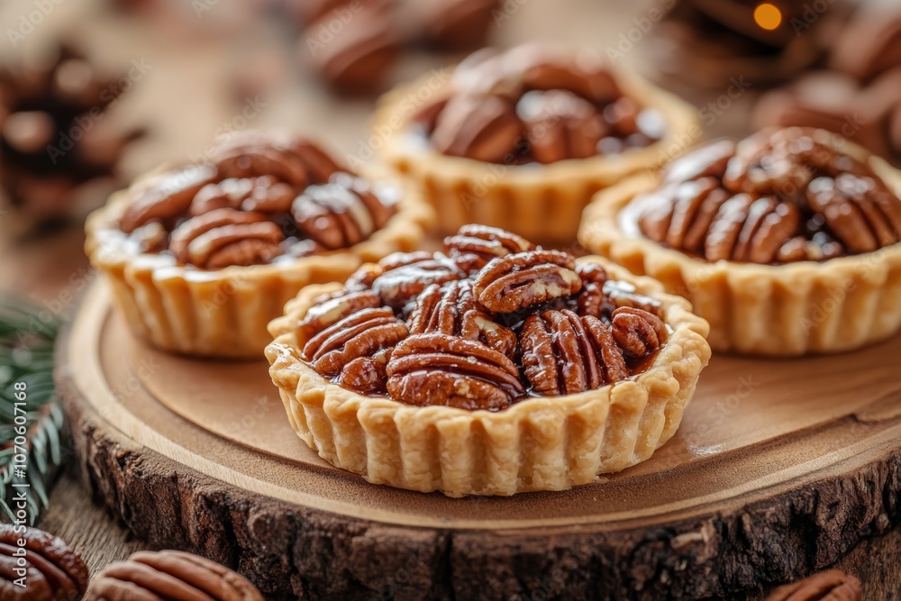 Pecan Tarts on Wooden Plate with Holiday Decor Pecan Tarts on Wooden Plate with Holiday Decor