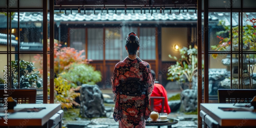 Obraz premium Women in traditional attire participating in a tea ceremony in a cultural room, showcasing heritage and customs with a respectful atmosphere and vintage aesthetics