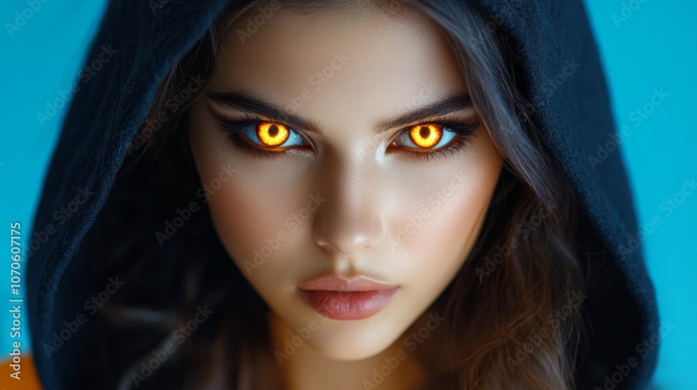Mysterious Woman with Fiery Eyes Hooded Portrait Intense Gaze Mysterious Woman with Fiery Eyes Hooded Portrait Intense Gaze