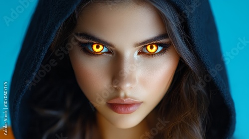 Mysterious Woman with Fiery Eyes Hooded Portrait Intense Gaze