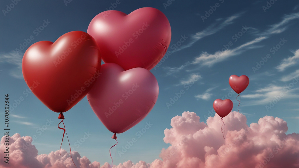 Realistic red and pink balloons heart shape in the sky Realistic red and pink balloons heart shape in the sky