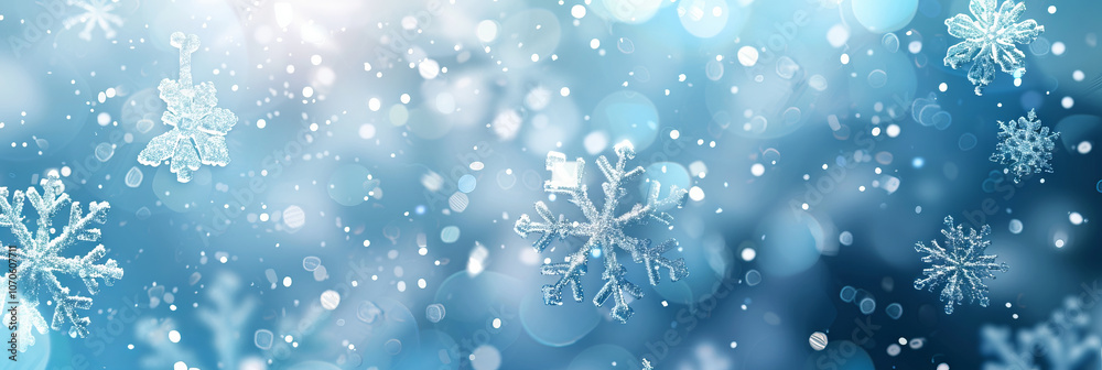 Sparkling Winter Wonderland with Snowflakes in Blue Background. Concept of Winter's Beauty, Seasonal Magic, Cold Weather, and Festive Atmosphere. Copy space. Banner Sparkling Winter Wonderland with Snowflakes in Blue Background. Concept of Winter's Beauty, Seasonal Magic, Cold Weather, and Festive Atmosphere. Copy space. Banner