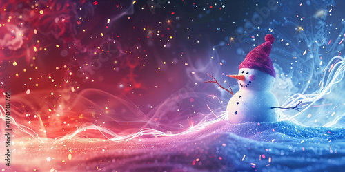 Whimsical Snowman in a Magical Winter Wonderland. Concept of Festive Cheer, Holiday Spirit, Seasonal Beauty, Christmas Celebration. Copy space. Banner. Background