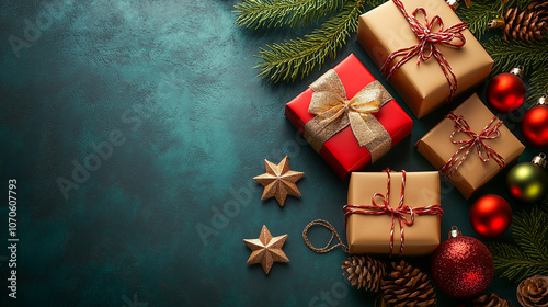 Colorful flat lay of Christmas gift boxes featuring festive elements with ample space for copy